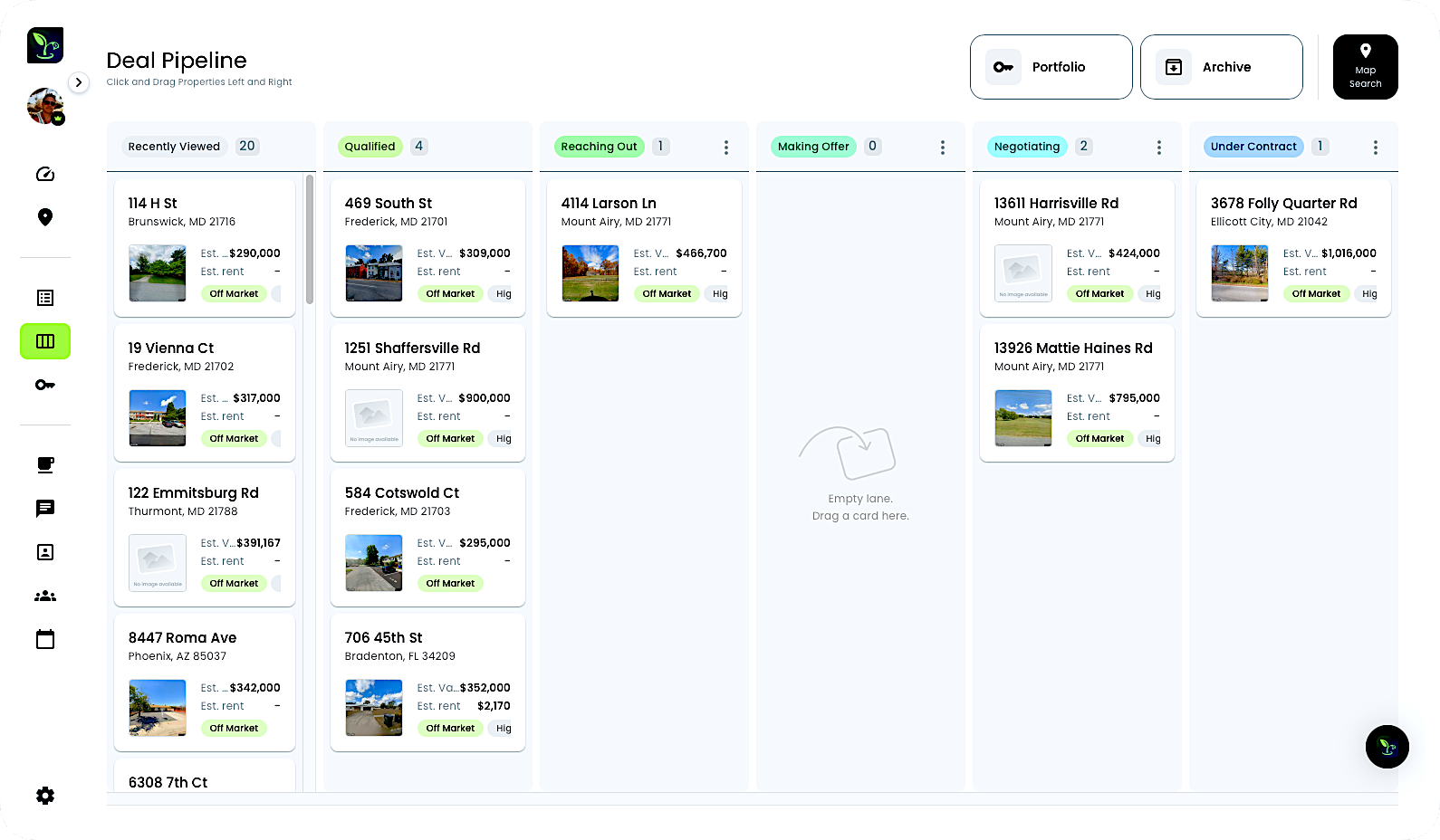 Filtered property results saved to a list with contact status tracking, favorite stars, and lead qualification for outreach