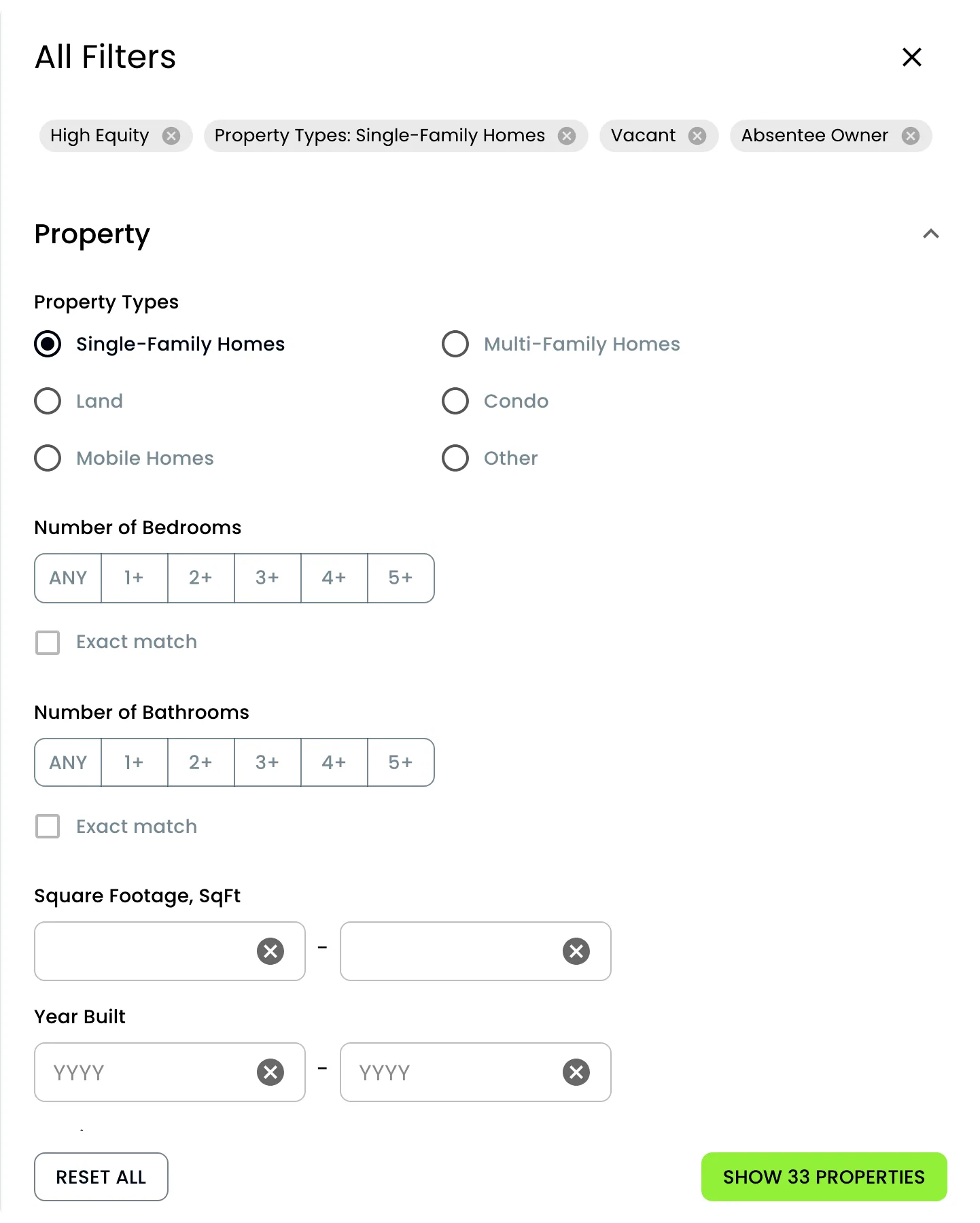 The Invest Nest property search showing Nest Leads motivated seller indicators and advanced filters