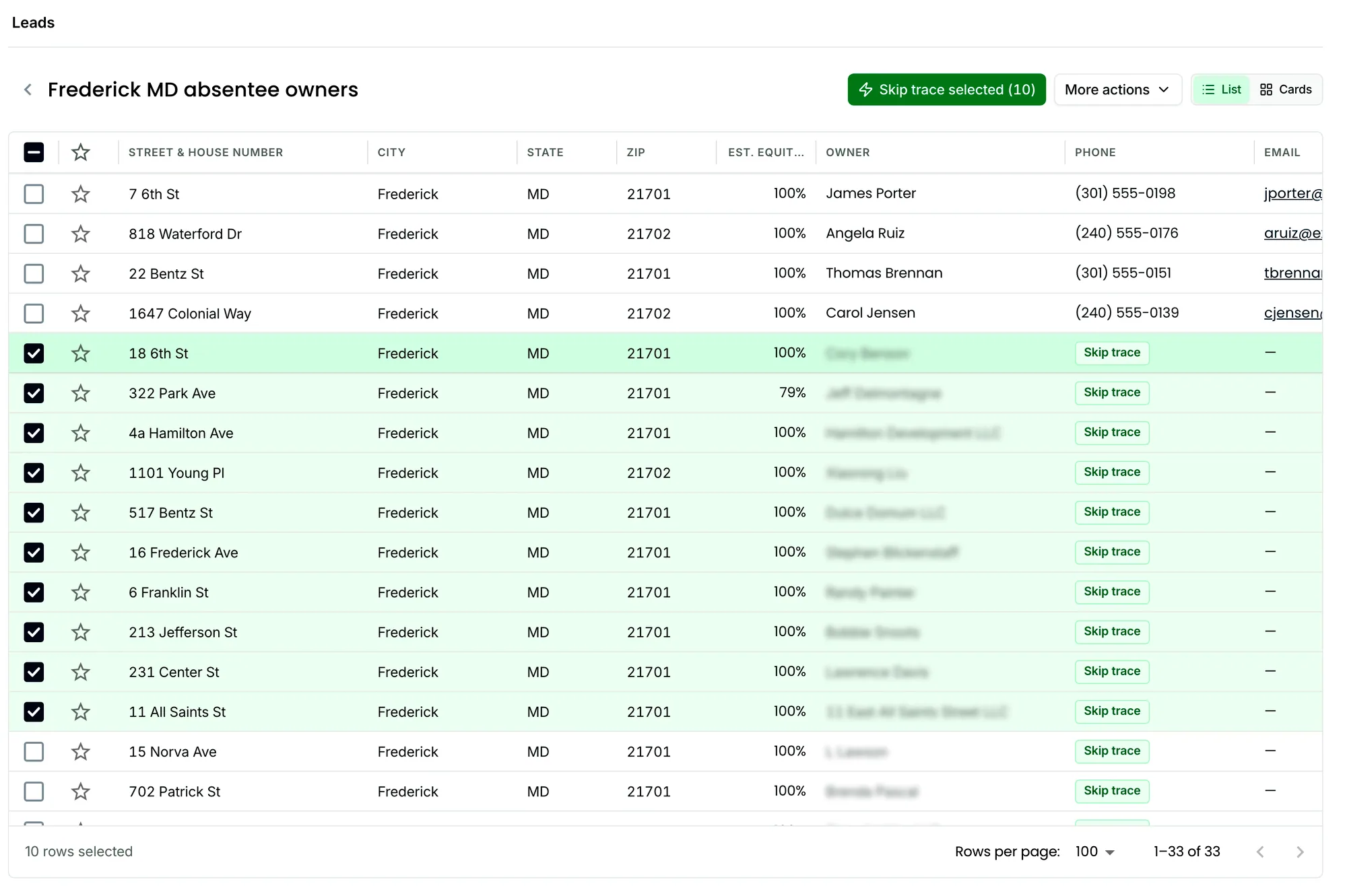 The Invest Nest skip tracing feature showing owner details and contact information for property investors