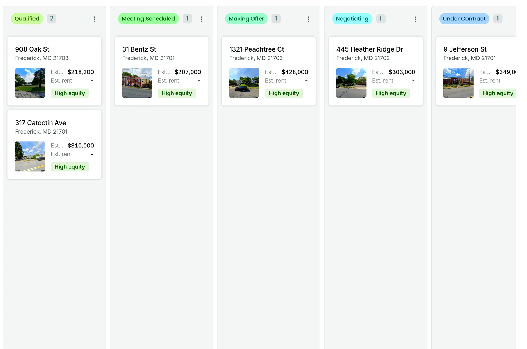 Deal pipeline board for tracking real estate wholesale deals from first contact to closing