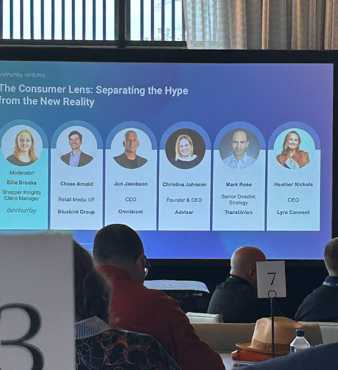 Presentation slide titled "The Consumer Lens: Separating the Hype from the New Reality" showing headshots and titles for six panelists from dunnhumby, Bluebird Group, Omnitalent, Adviser, TransUnion, and Lyra Connect.