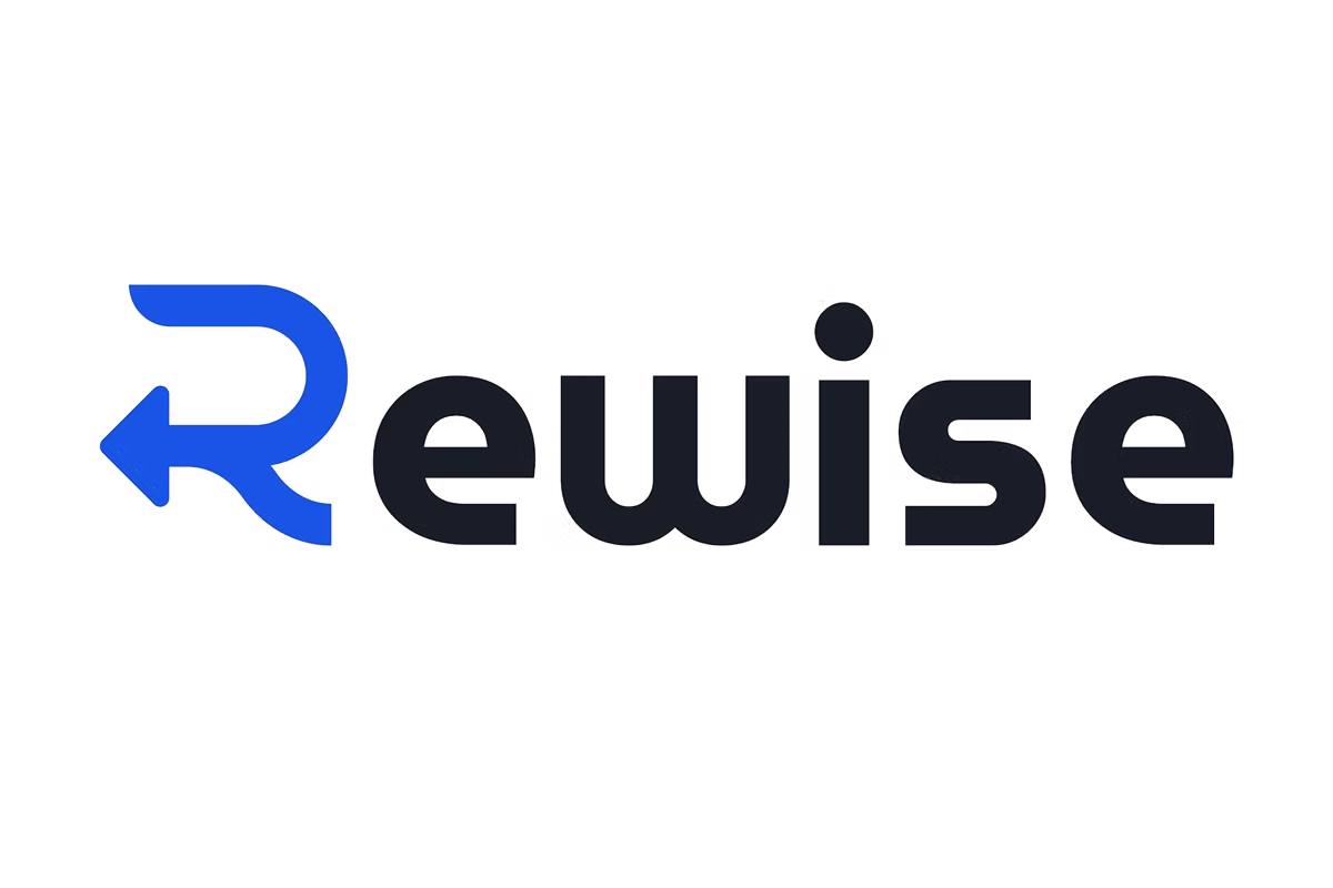 Rewise logo: “Rewise” in bold black lettering, with the “R” drawn in blue as a left-pointing return arrow