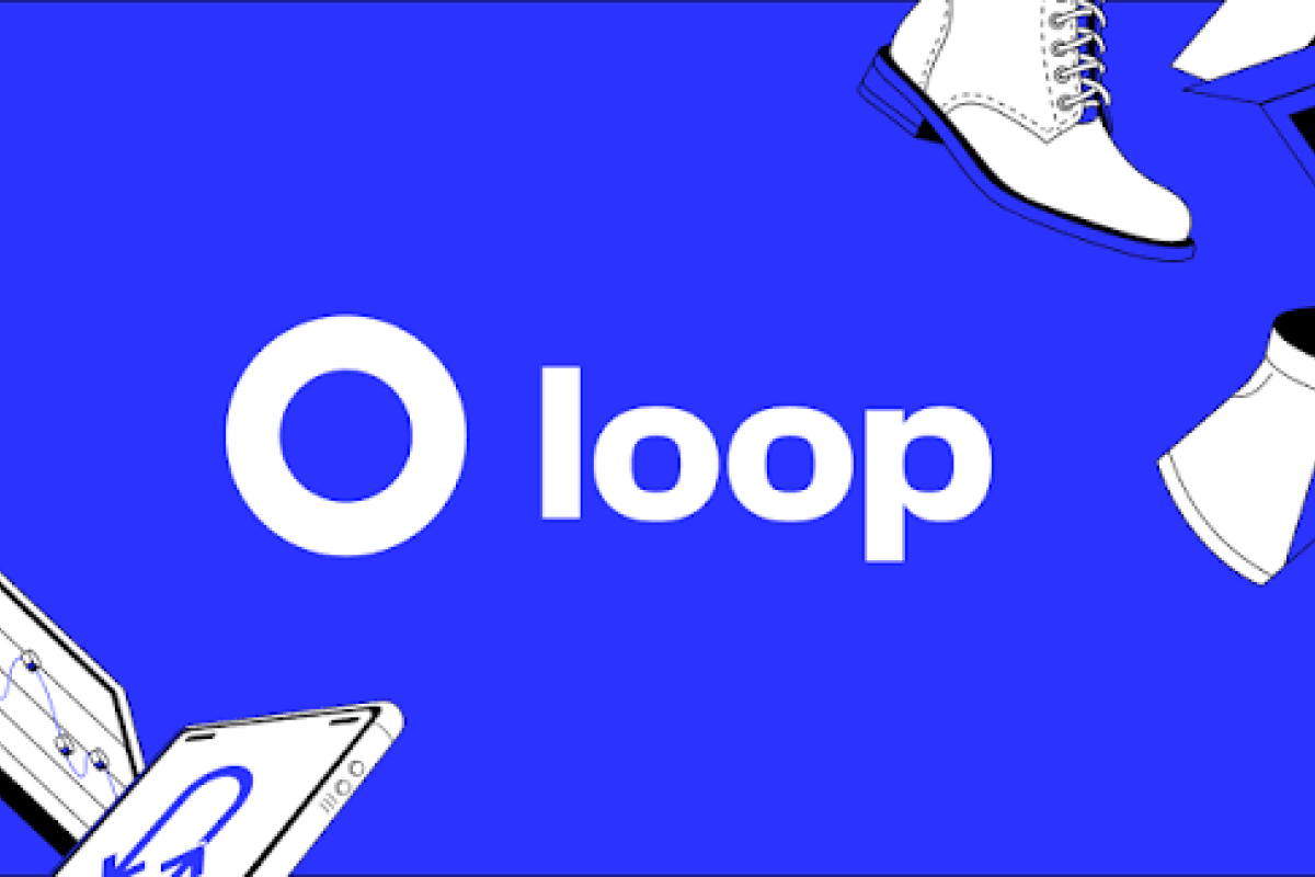 Loop logo: white “loop” wordmark with a circle icon on a bright blue background, surrounded by line illustrations of a boot, clothing, and a phone showing a return arrow