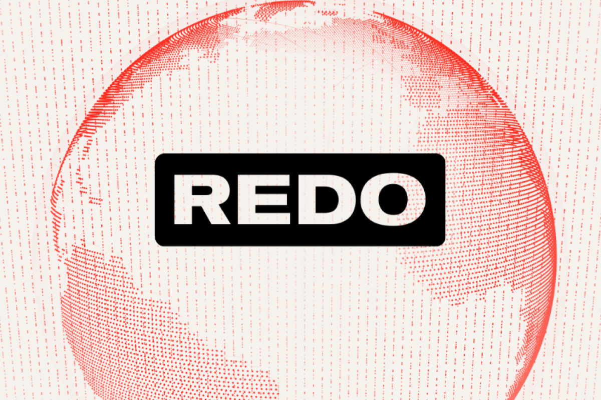 Redo logo: white “REDO” lettering in a black rounded rectangle, over a red dotted globe on a cream background
