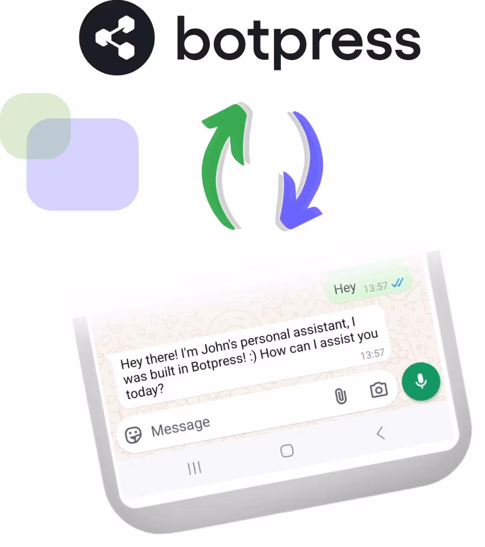 Botpress logo above a smartphone screen showing a chatbot message saying, "Hey there! I'm John's personal assistant, I was built in Botpress! :) How can I assist you today?"