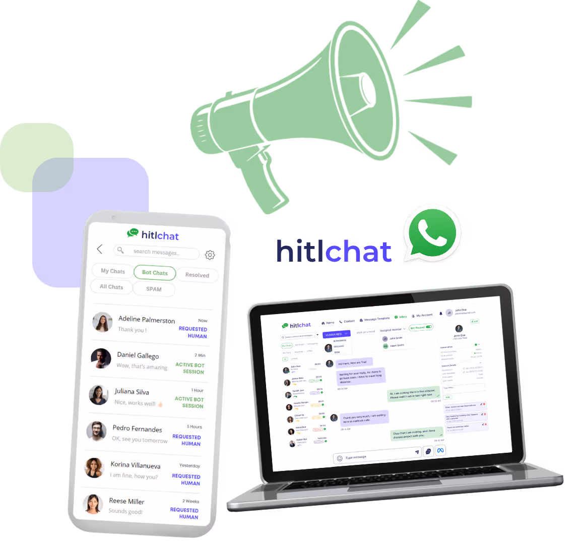 Mobile phone and laptop displaying Hitlchat messaging app interface with a green megaphone and WhatsApp logo above.