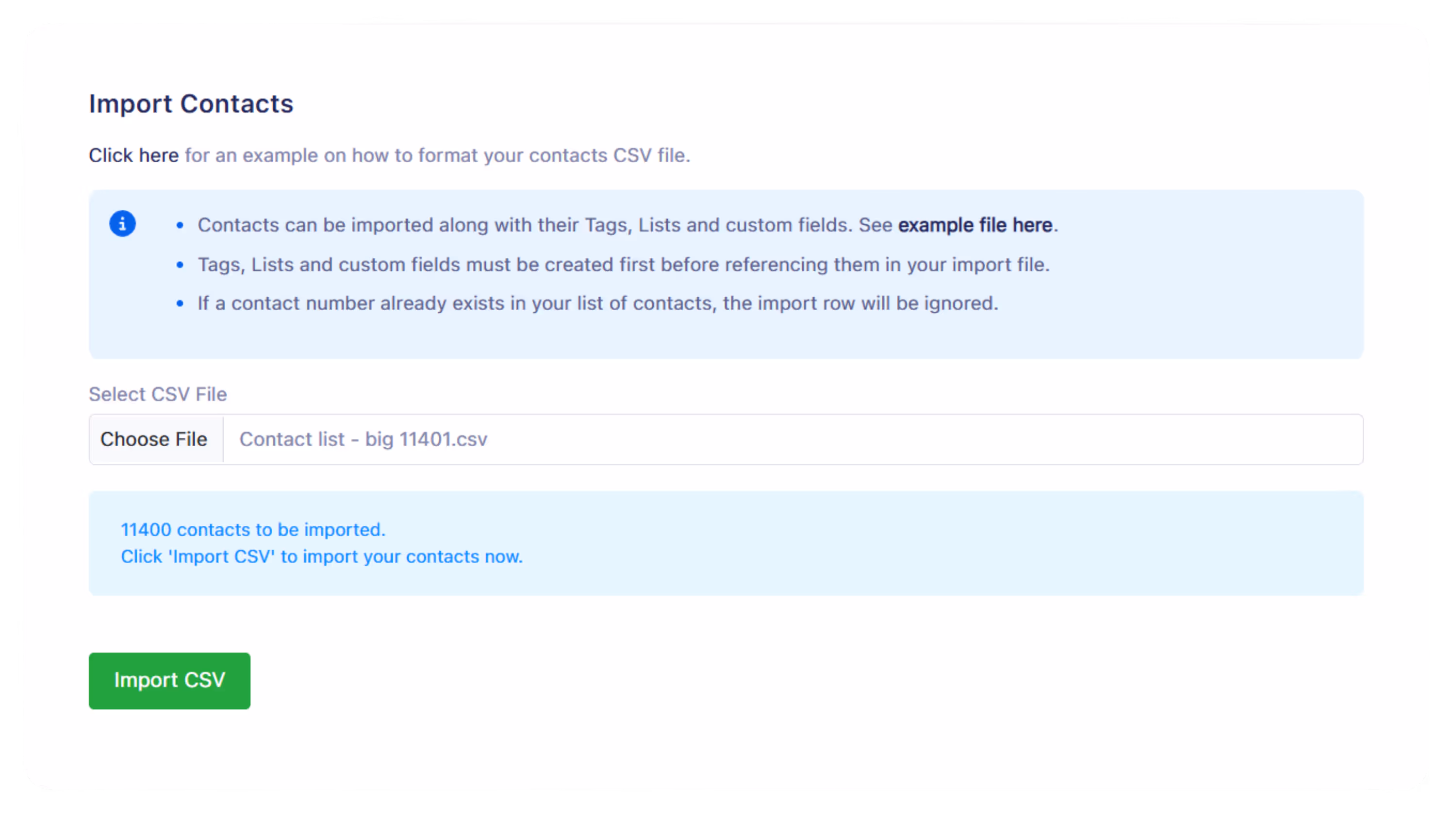 User interface for importing contacts showing instructions, a file selection of 'Contact list - big 11401.csv', notification of 11400 contacts to be imported, and a green 'Import CSV' button.