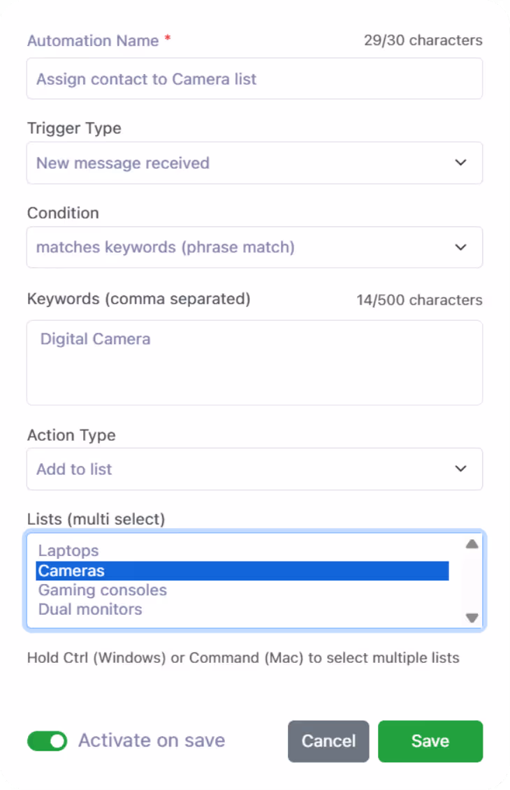 Automation setup screen showing fields for automation name, trigger type, condition, keywords, action type, and multi-select list with Cameras highlighted, plus Cancel and Save buttons.