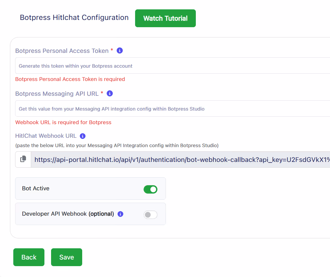 Botpress Hitlchat Configuration screen with Botpress Personal Access Token, Messaging API URL, HitlChat webhook URL, and Bot Active toggle