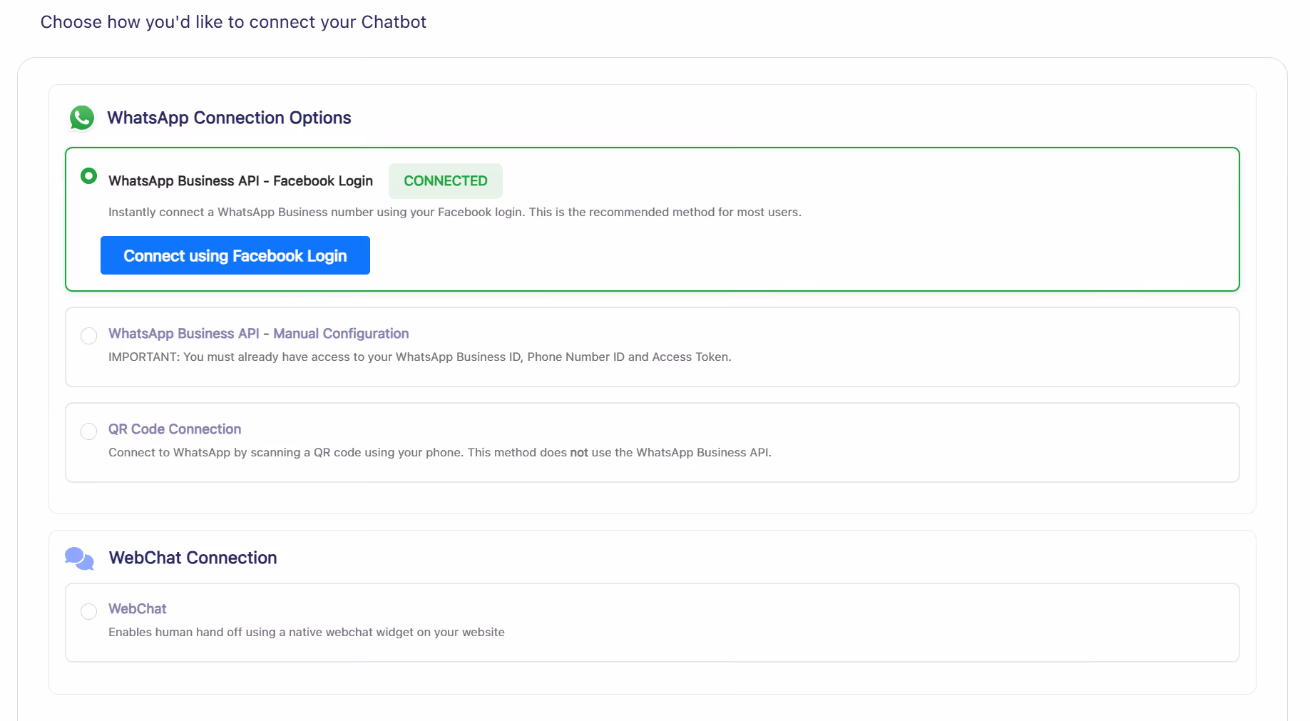 HitlChat WhatsApp connection options: Facebook Login, Manual Configuration, and QR Code for a Botpress integration