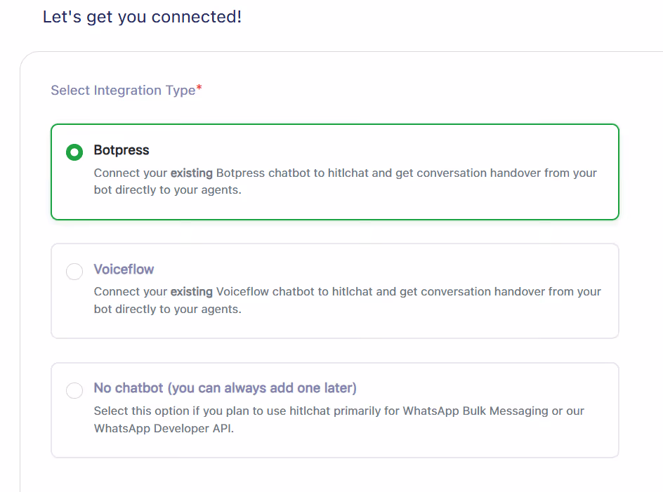 HitlChat Integration Setup screen with Botpress selected as the integration type for WhatsApp