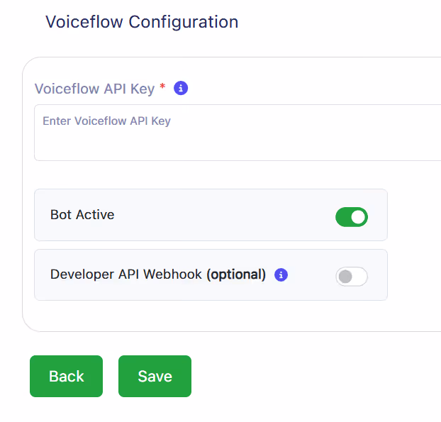Voiceflow Configuration screen in HitlChat with the Voiceflow API Key field and Bot Active toggle