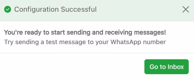 Configuration Successful confirmation modal after connecting Botpress to WhatsApp in HitlChat