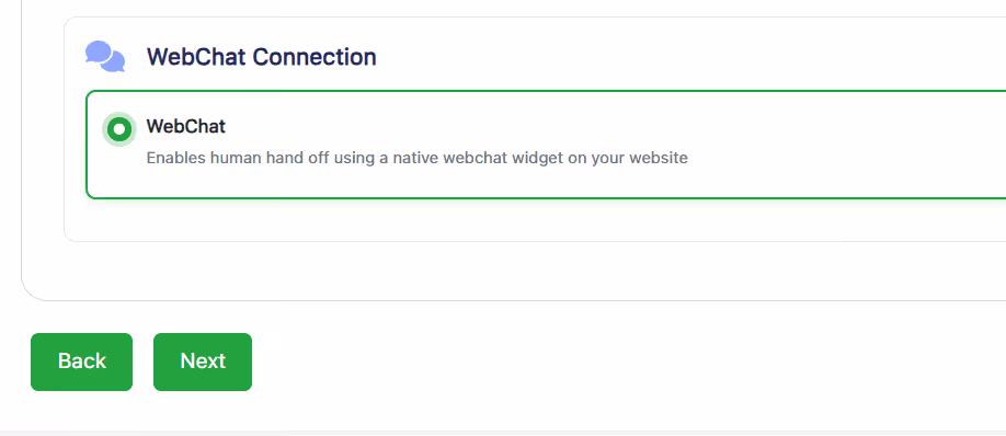 HitlChat connection screen with the WebChat option selected for a Botpress integration