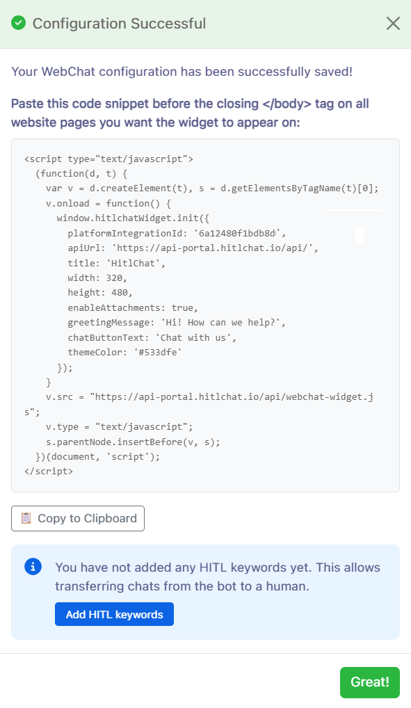 Configuration Successful modal showing the HitlChat web chat widget code snippet to paste into a website