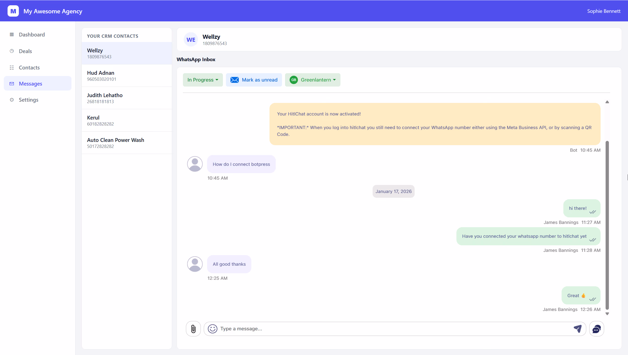HitlChat embedded inside a CRM contact record showing only one customer's WhatsApp conversation, with the conversation list hidden
