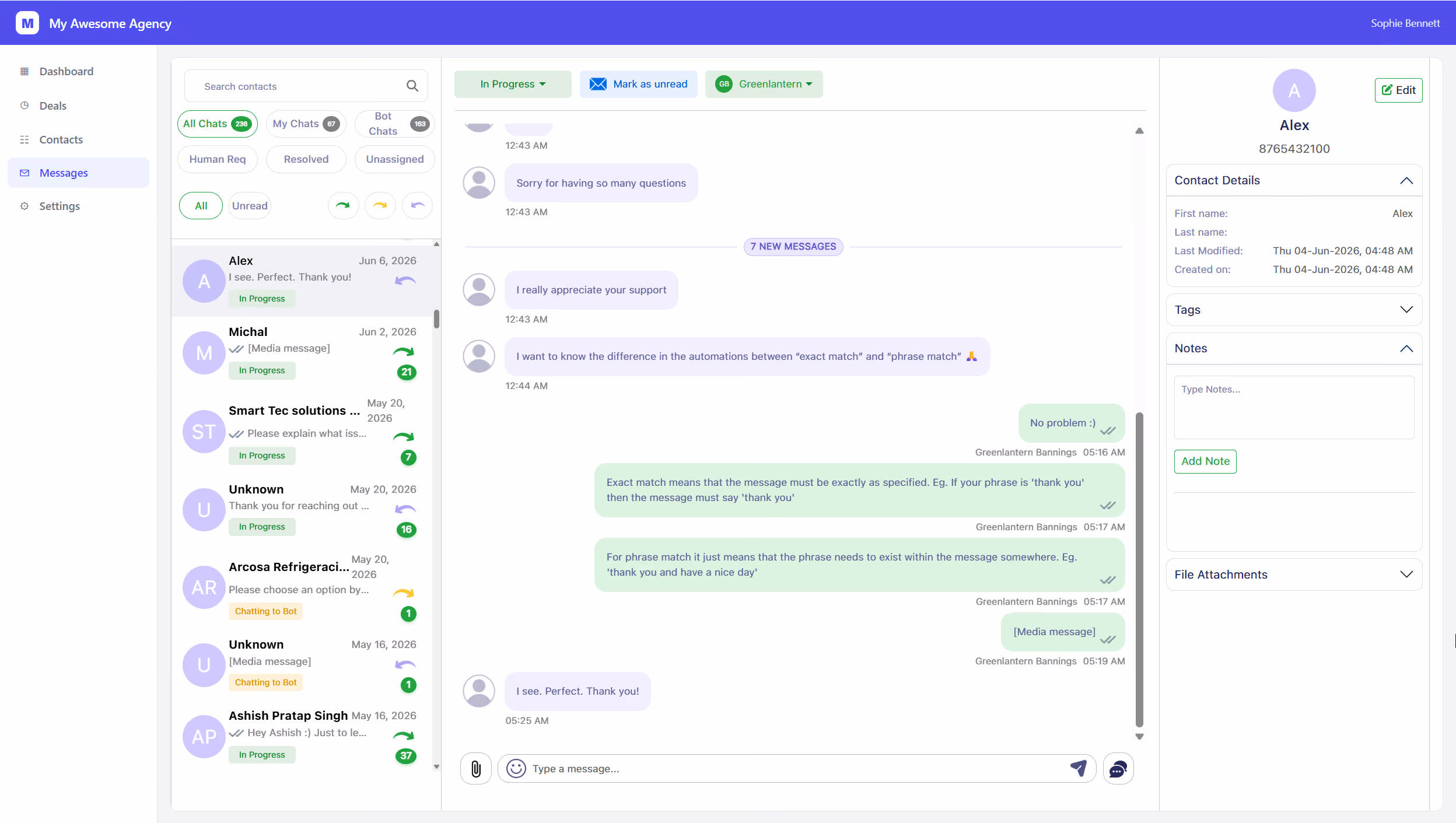 HitlChat team inbox embedded inside a CRM with the top banner hidden, showing the conversation list, chat thread, and contact details panel