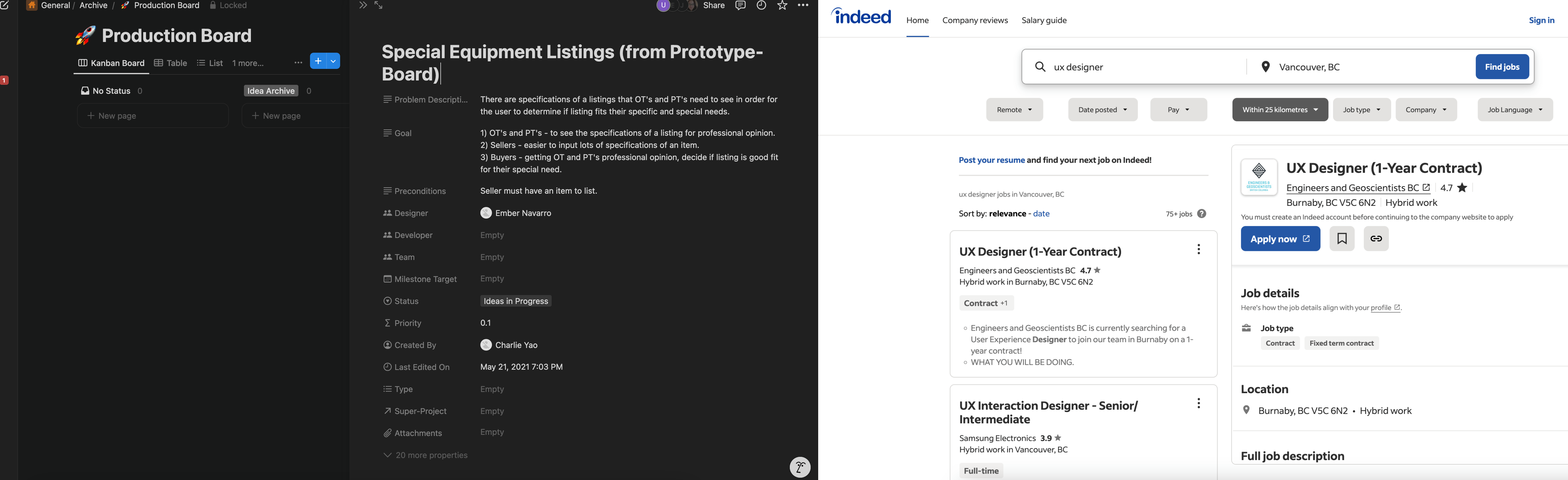 Screenshots from Notion and Indeed showing two different approaches to Quick Listing VIew.