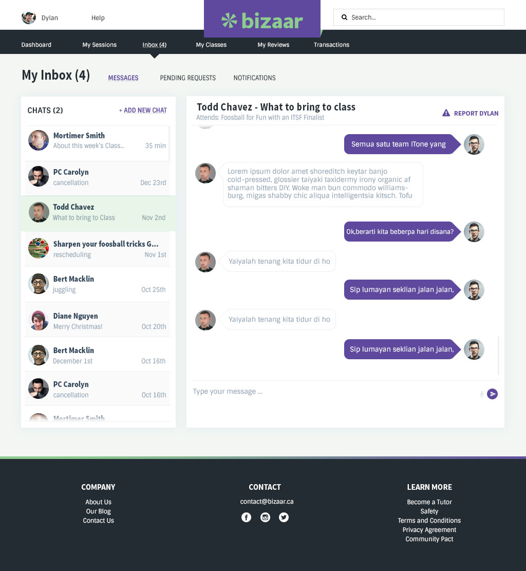 Screenshot of Bizaar My Inbox Page
