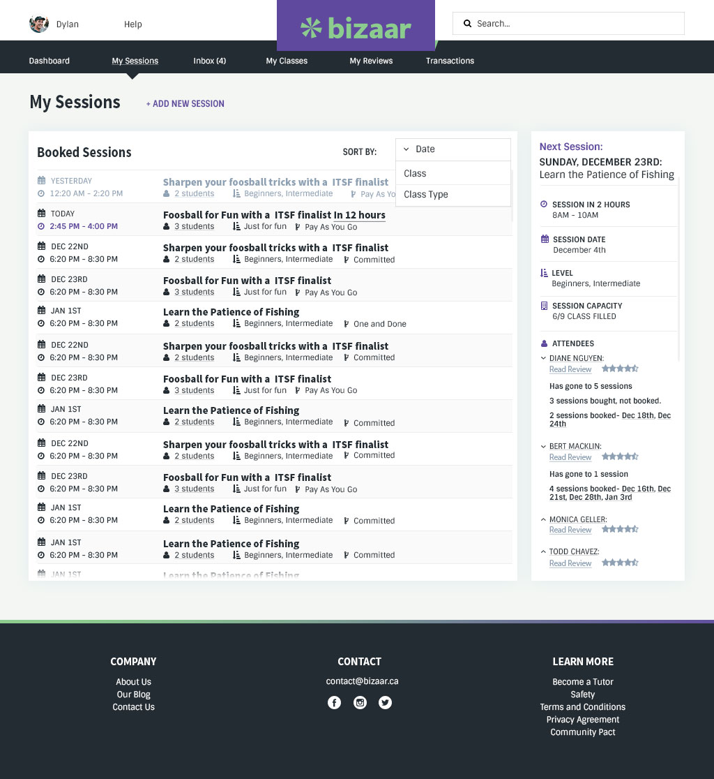 Screenshot of Bizaar My sessions page