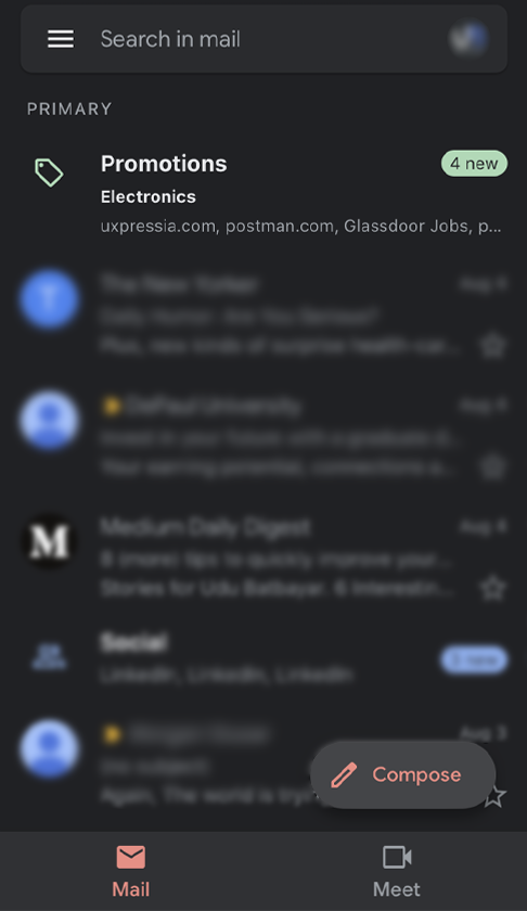 Screenshot from the Gmail app showing their new redesign