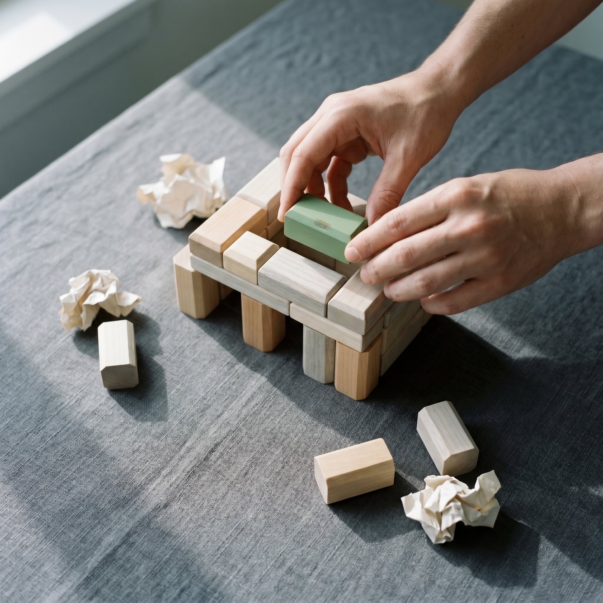 Hands opening a hardcover ledger with a green silk ribbon, second journal and brass pen alongside