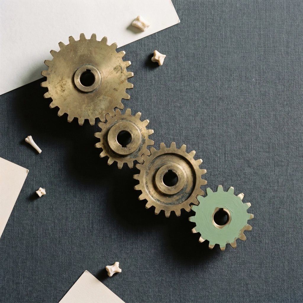 Four brass gears with one sage-green gear, arranged in continuous motion on dark linen