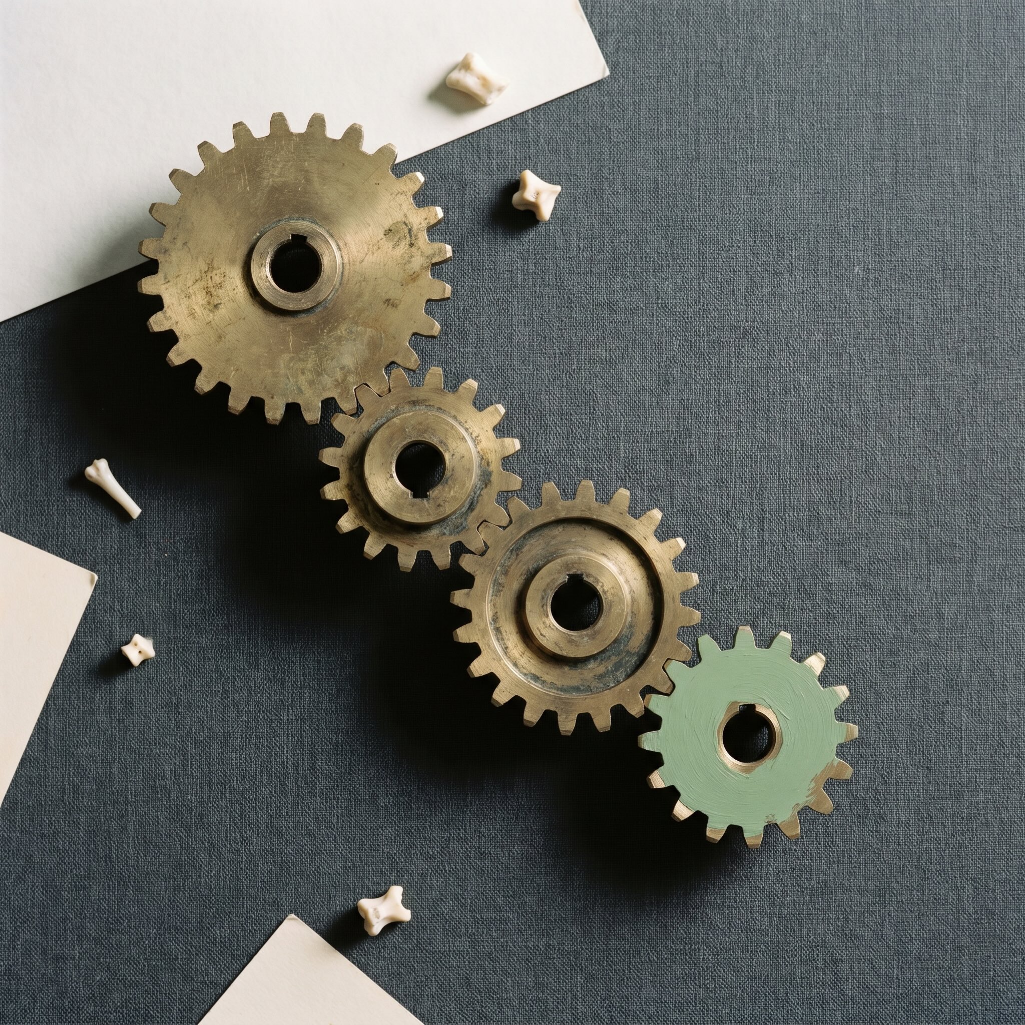 Four brass gears with one sage-green gear, arranged in continuous motion on dark linen