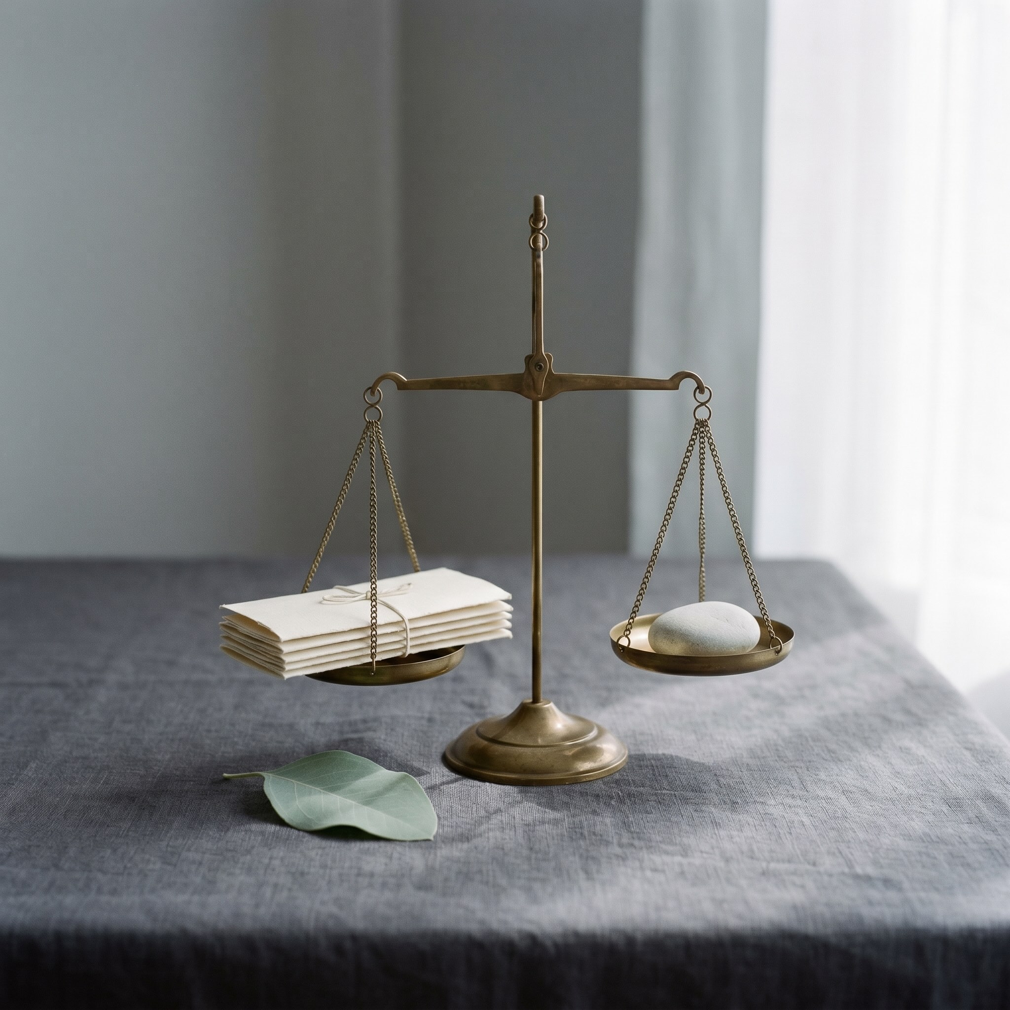 Brass balance scale weighing a tied stack of documents against a smooth stone, eucalyptus leaf beside