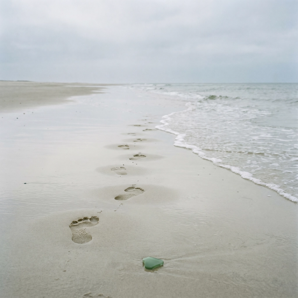 A single trail of footprints on a Nordic beach by the sea, small piece of green sea glass in the sand