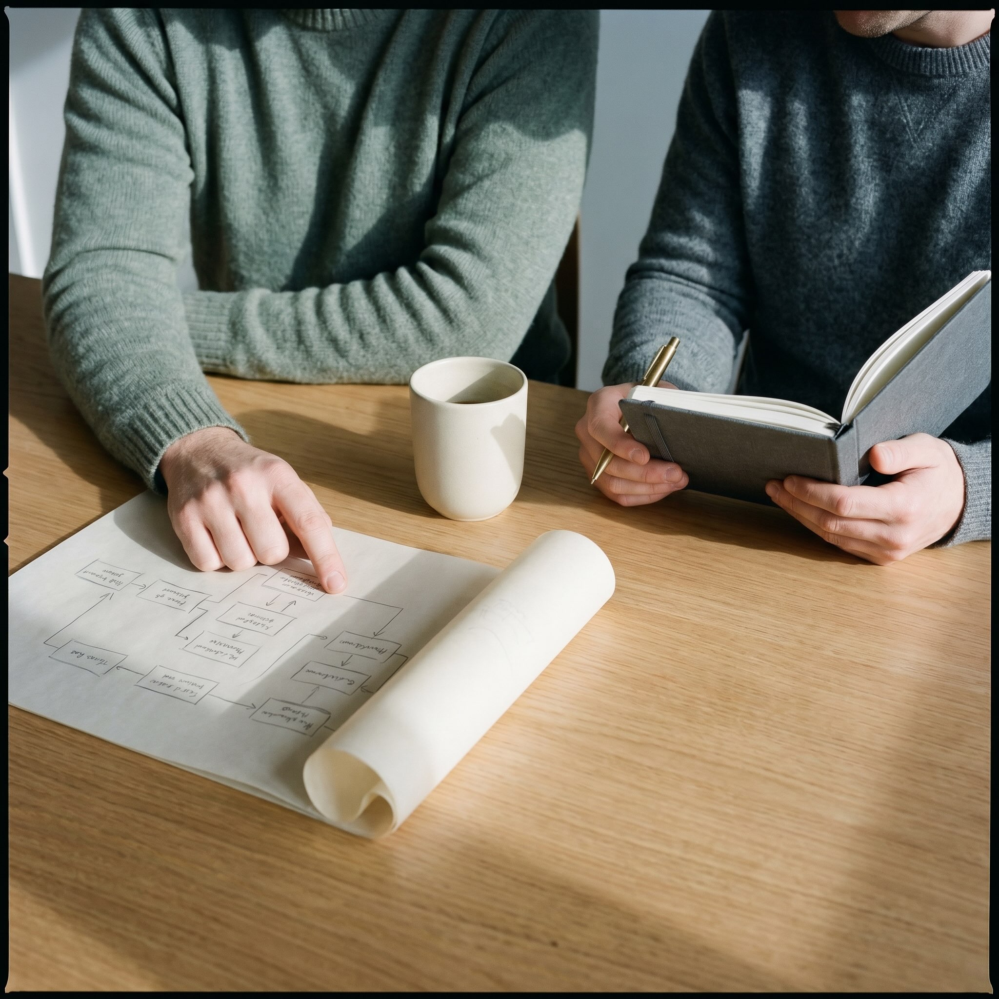Two colleagues reviewing a printed process diagram together at a wooden desk