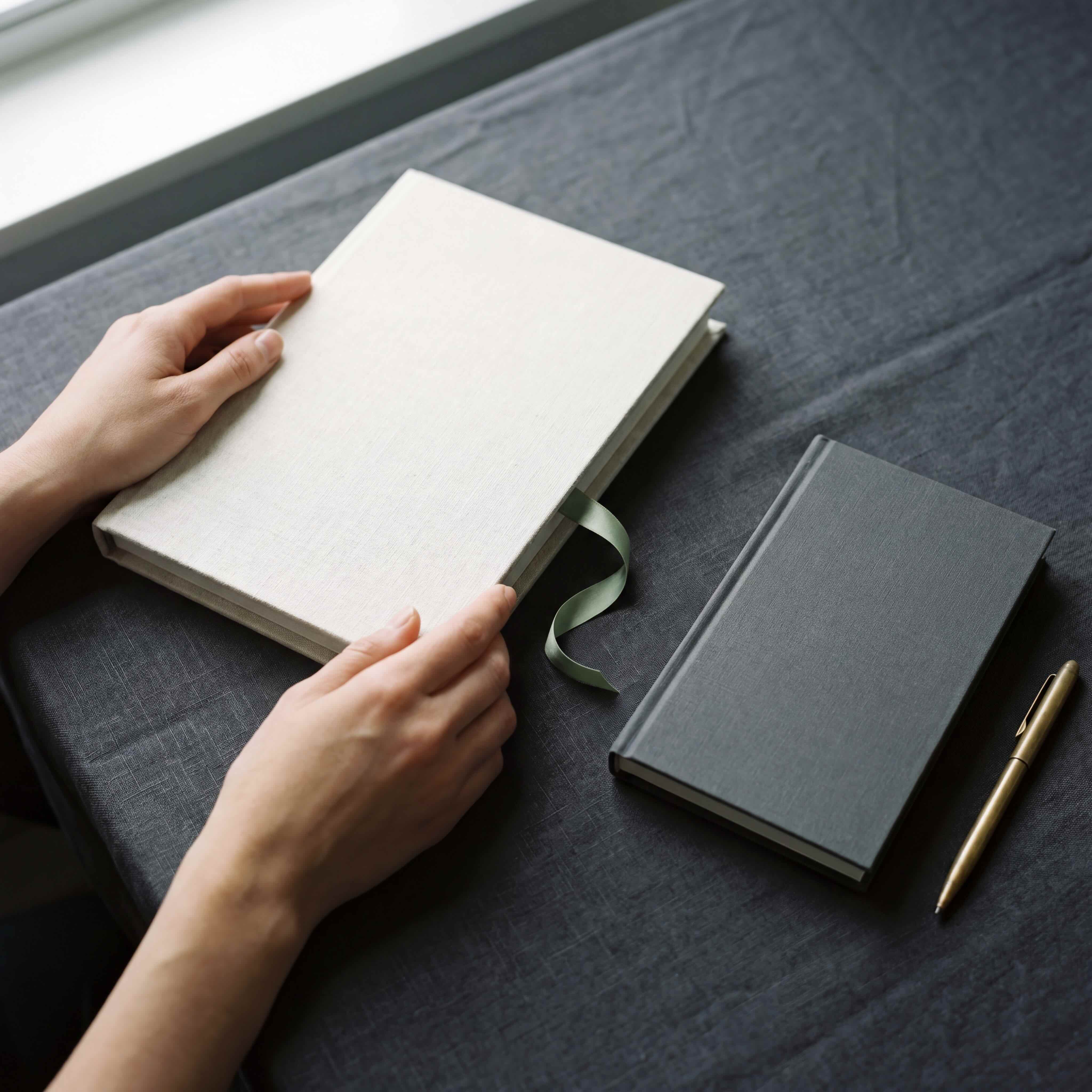 Hands opening a hardcover ledger with a green silk ribbon, second journal and brass pen alongside