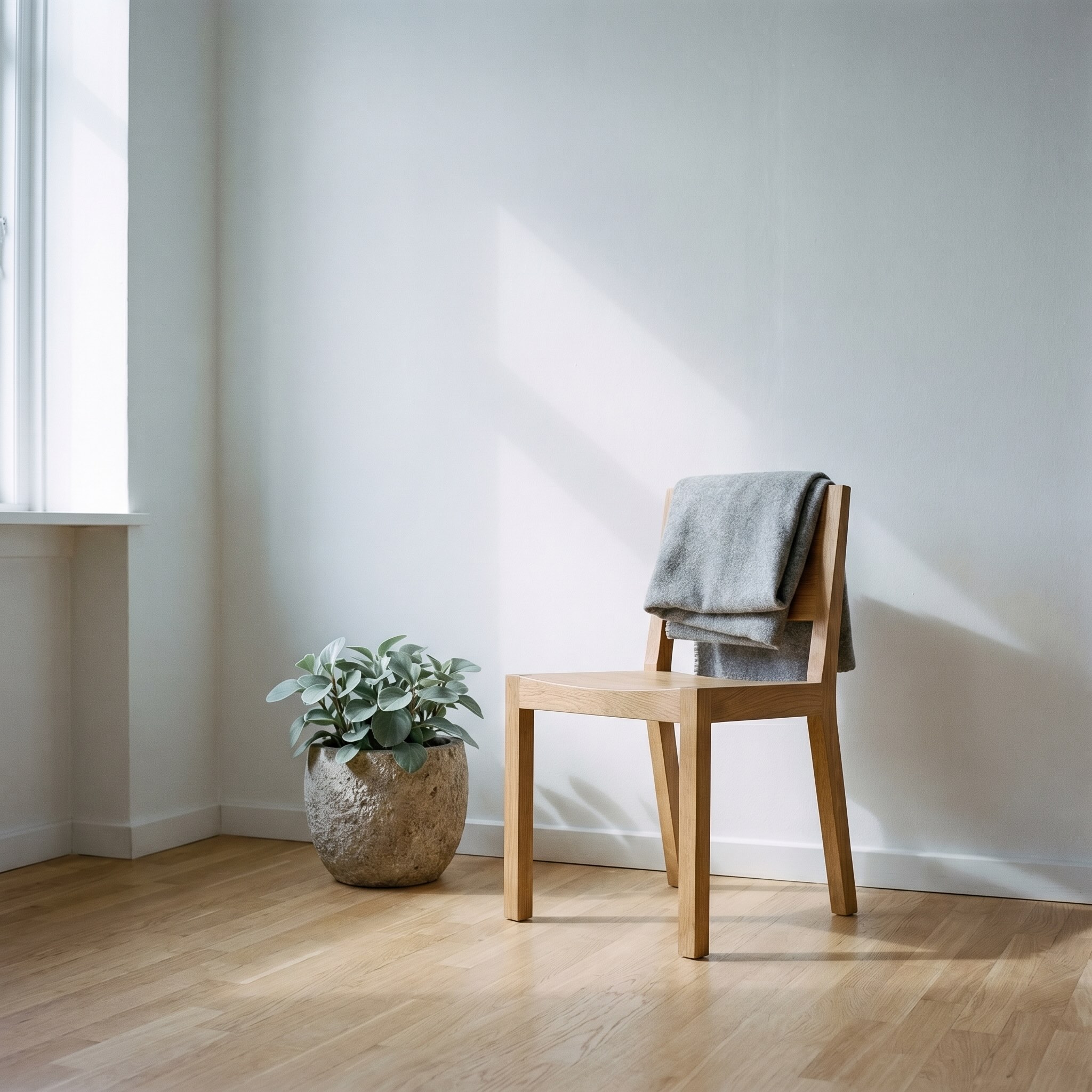 Minimalist wooden chair and a stone-potted plant in a quiet Nordic office, soft window light