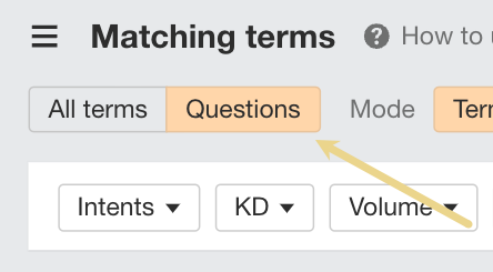 Analyzing the Questions keyword report in Ahrefs