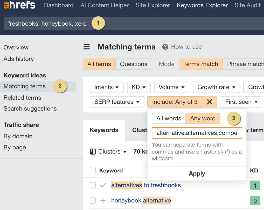 Looking for "[brand] alternatives" keywords in Ahrefs