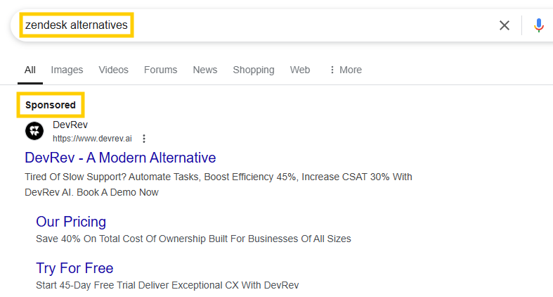 Google ad example for Zendesk alternative keyword