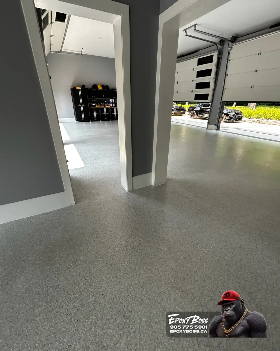 Stayner decorative epoxy flake floor under natural lighting.