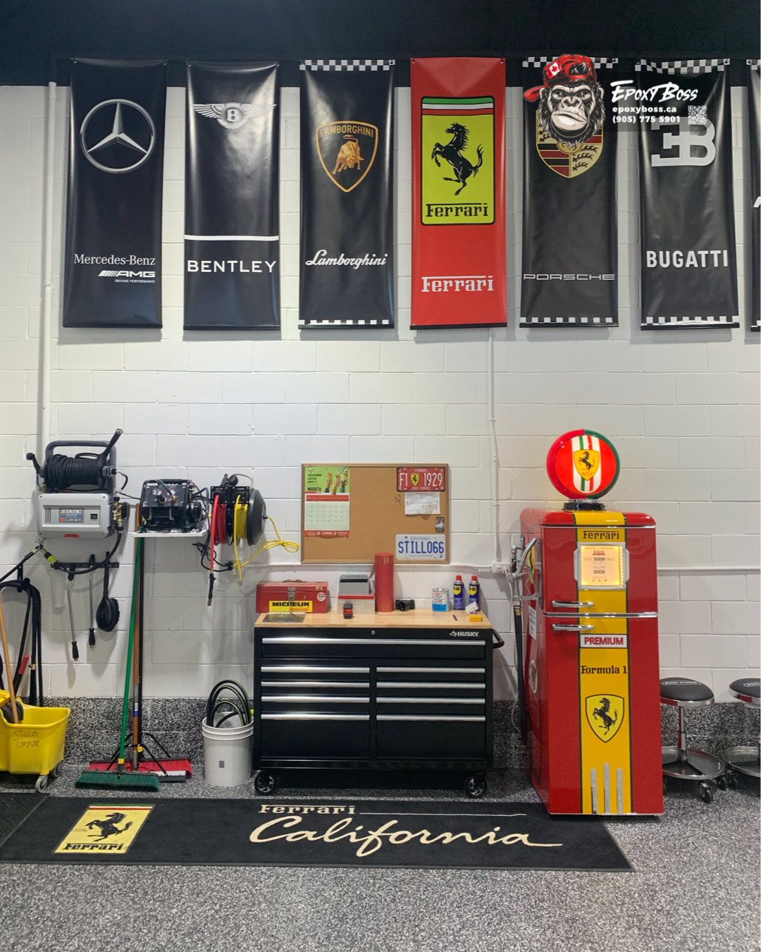 epoxy flake flooring automotive shop Toronto before after transformation