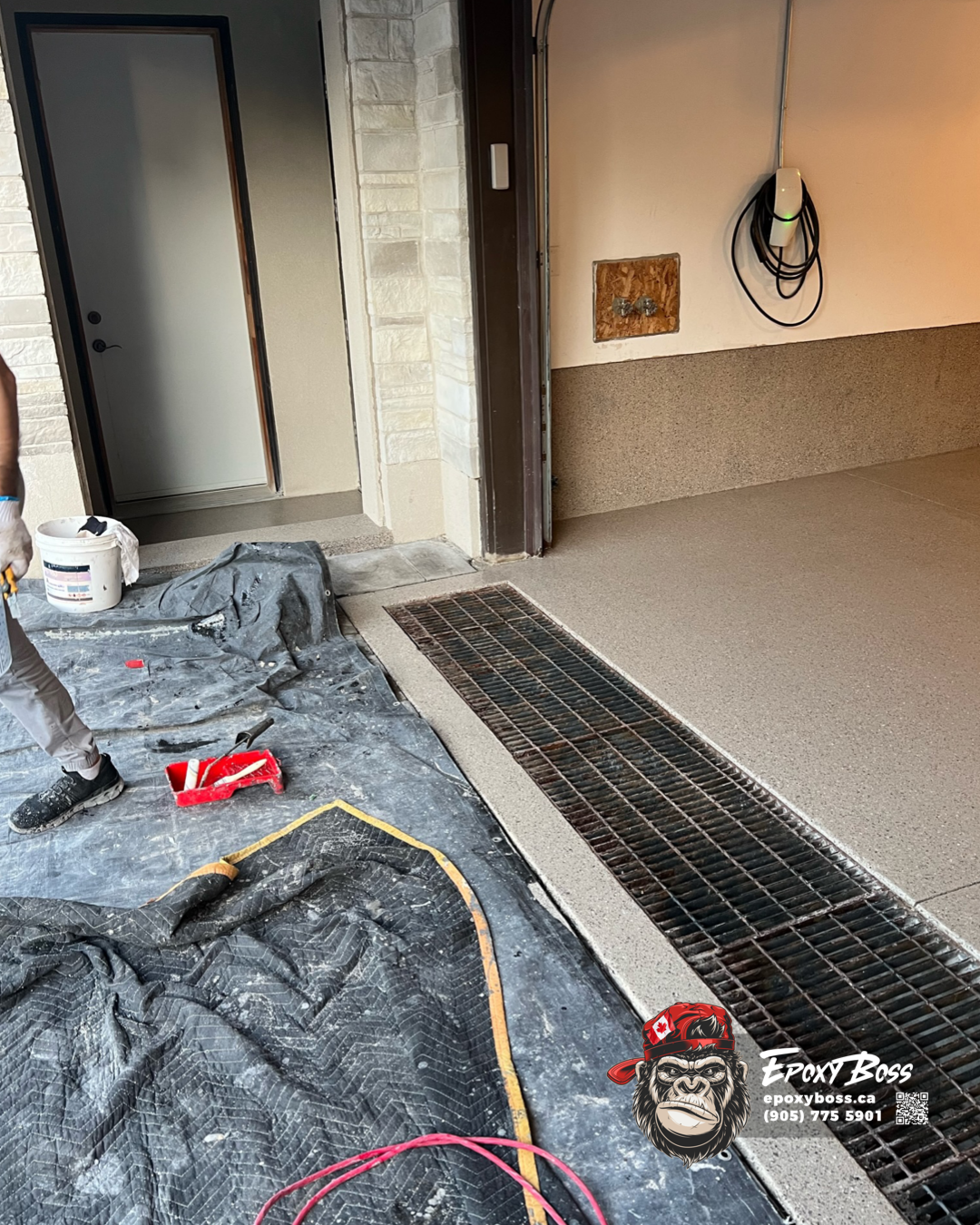 three car garage epoxy flooring installation Richmond Hill slate flake finish