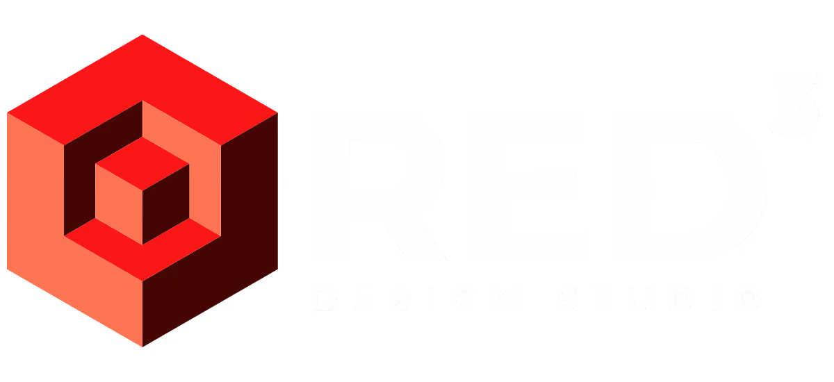 3D red hexagonal cube logo next to the text RED cubed Design Studio in white.