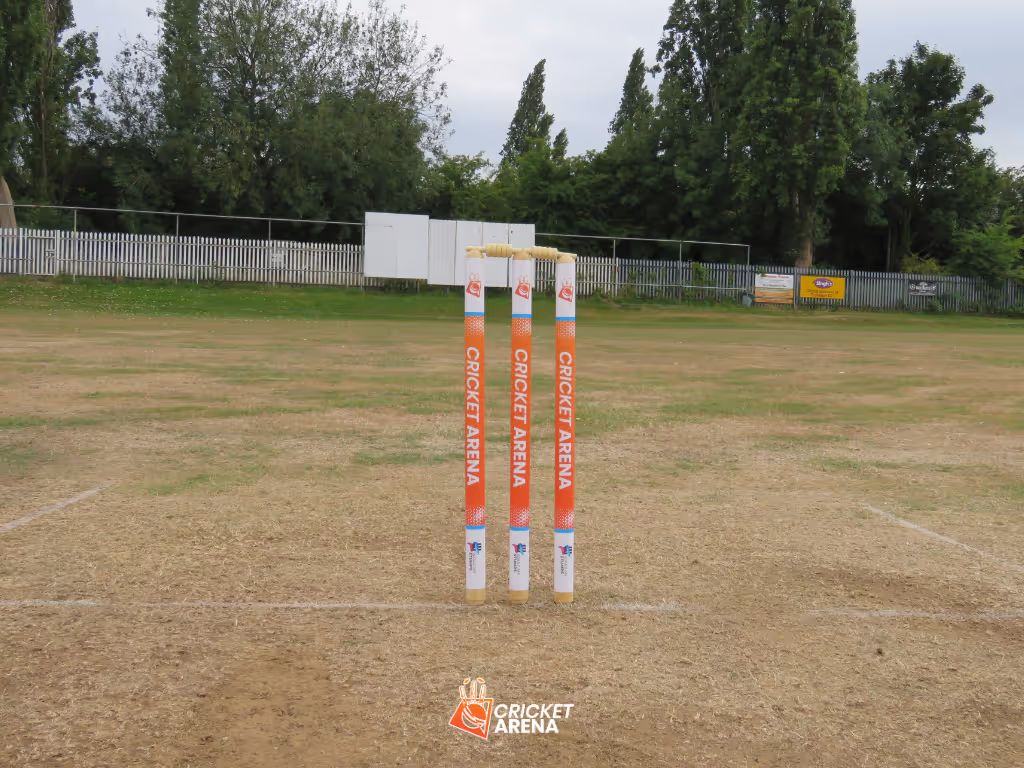 Custom Cricket Arena stumps set up at Caribbean Sports Club before the Men’s Hundred outdoor hardball league match