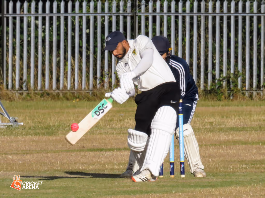 ECB coach Rehan Mir plays a powerful shot during Cricket Arena Men’s Hundred outdoor hardball match at Sheffield Caribbean Sports Club