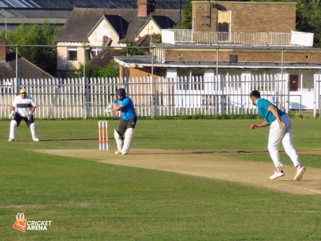 Batter prepares for an attacking shot on the turf pitch at Cricket Arena Men’s Hundred, Sheffield Caribbean Sports Club