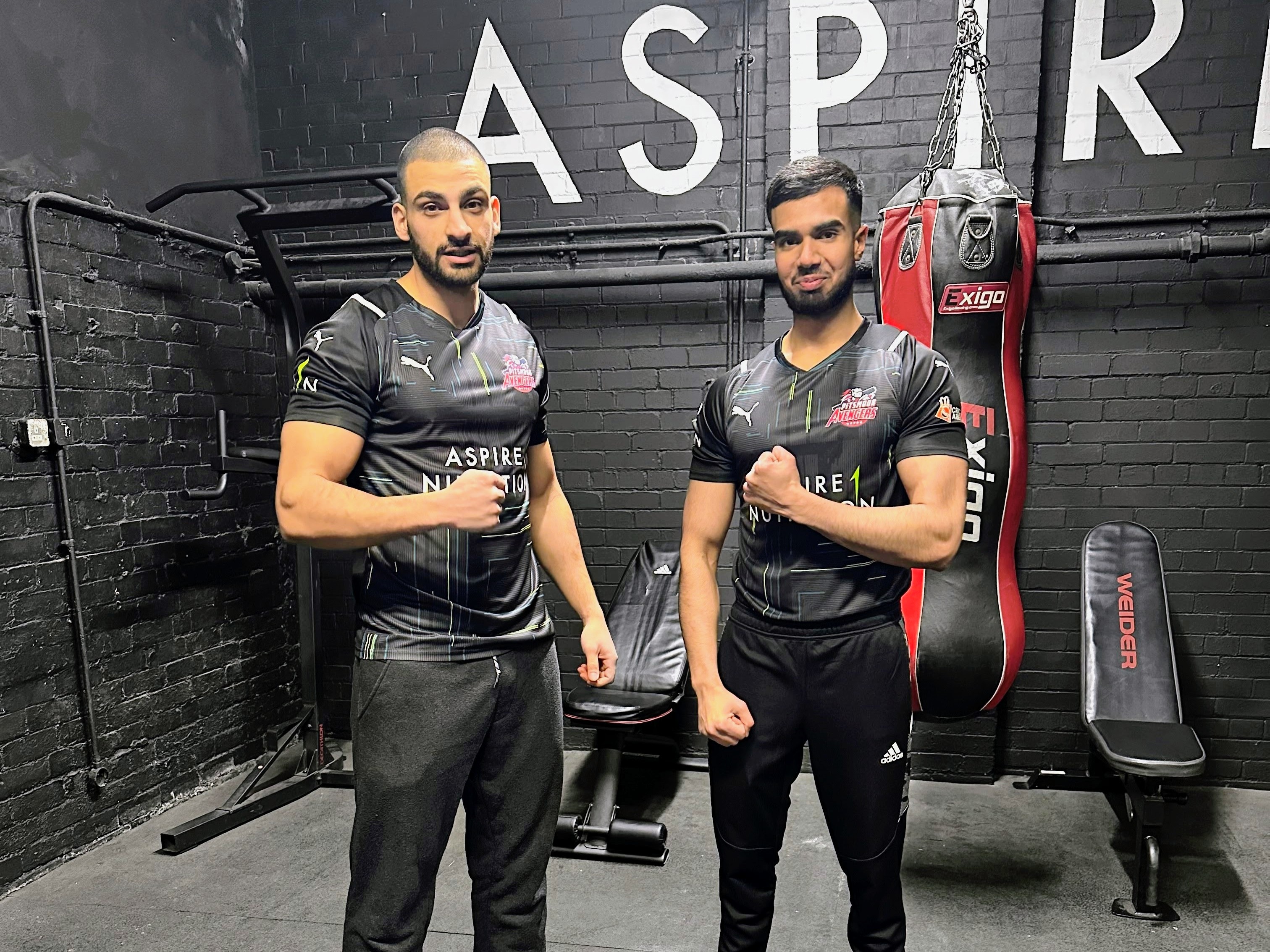 Pitsmoor Avengers player Shohaib with sponsor Mazen from Aspire 1 Nutrition at the gym, supporting community cricket.