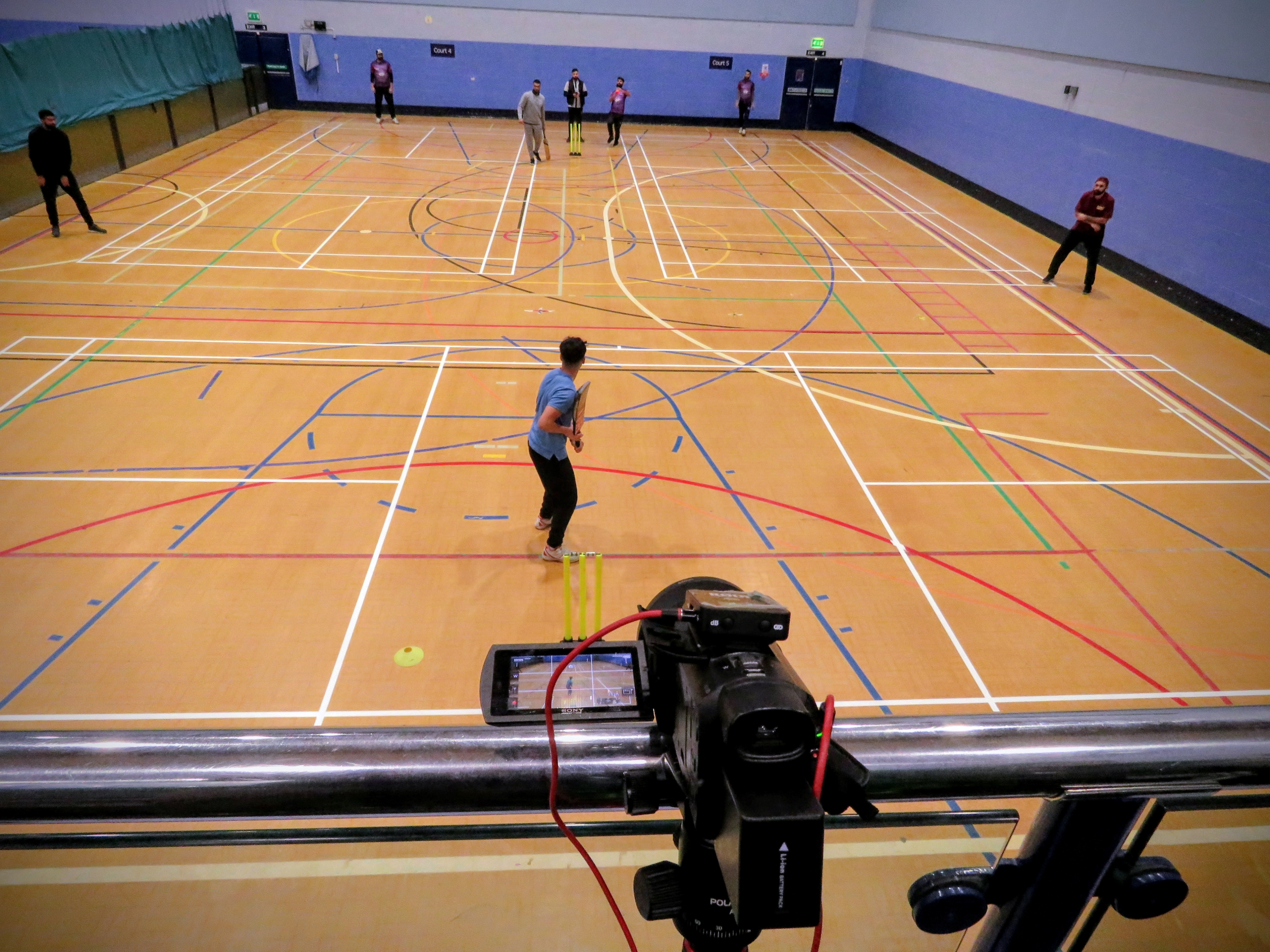 Camera and microphones set up on the balcony to record Sheffield Cup 2023 indoor cricket at Hillsborough.