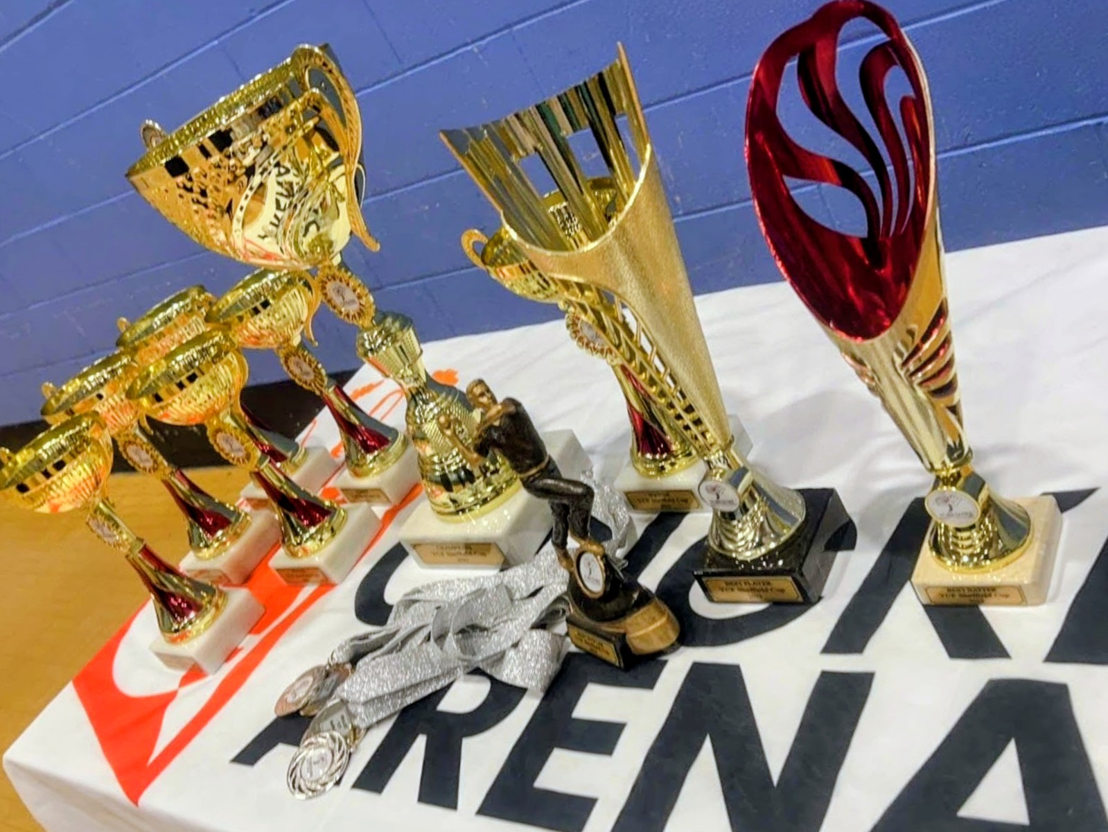 Trophies and medals displayed on a Cricket Arena tablecloth featuring Yorkshire Cricket Foundation branding, ready for the presentation ceremony.