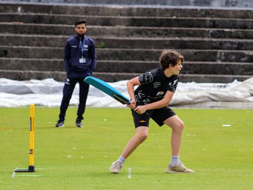 Sheffield batter takes his stance, ready to strike the ball for six during the Yorkshire Junior Hundred 2023 finals at Park Avenue, Bradford.