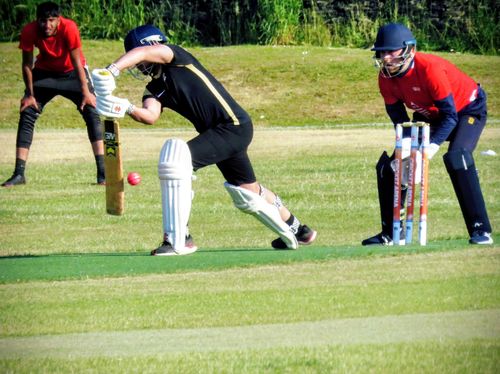 Batter beaten by sharp spin and given out LBW during the Red v Blue Youth Hundred cricket match at Shiregreen.