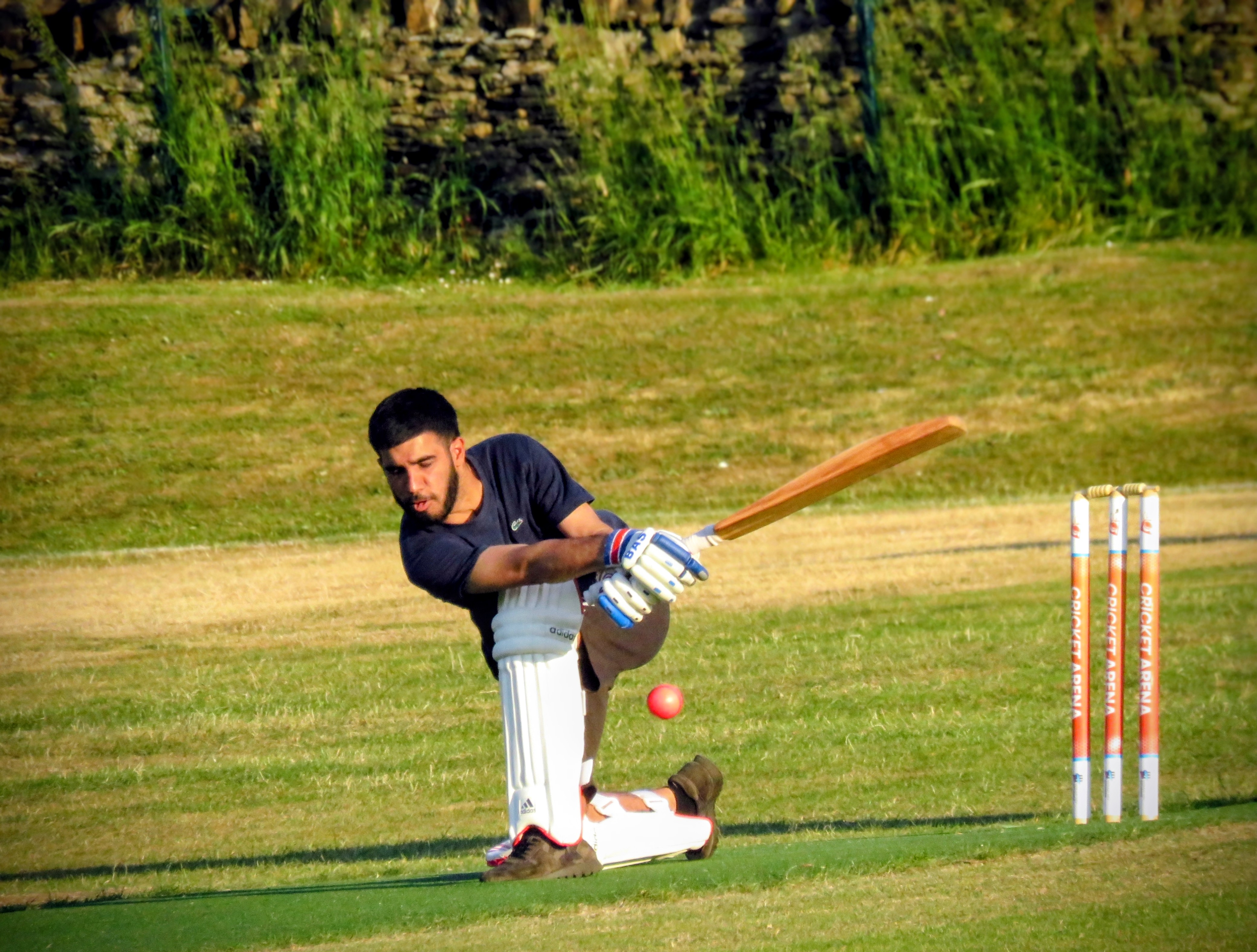 Captain Zain Attique plays a perfect sweep shot against the spinner during the Red v Blue Youth Hundred at Shiregreen.