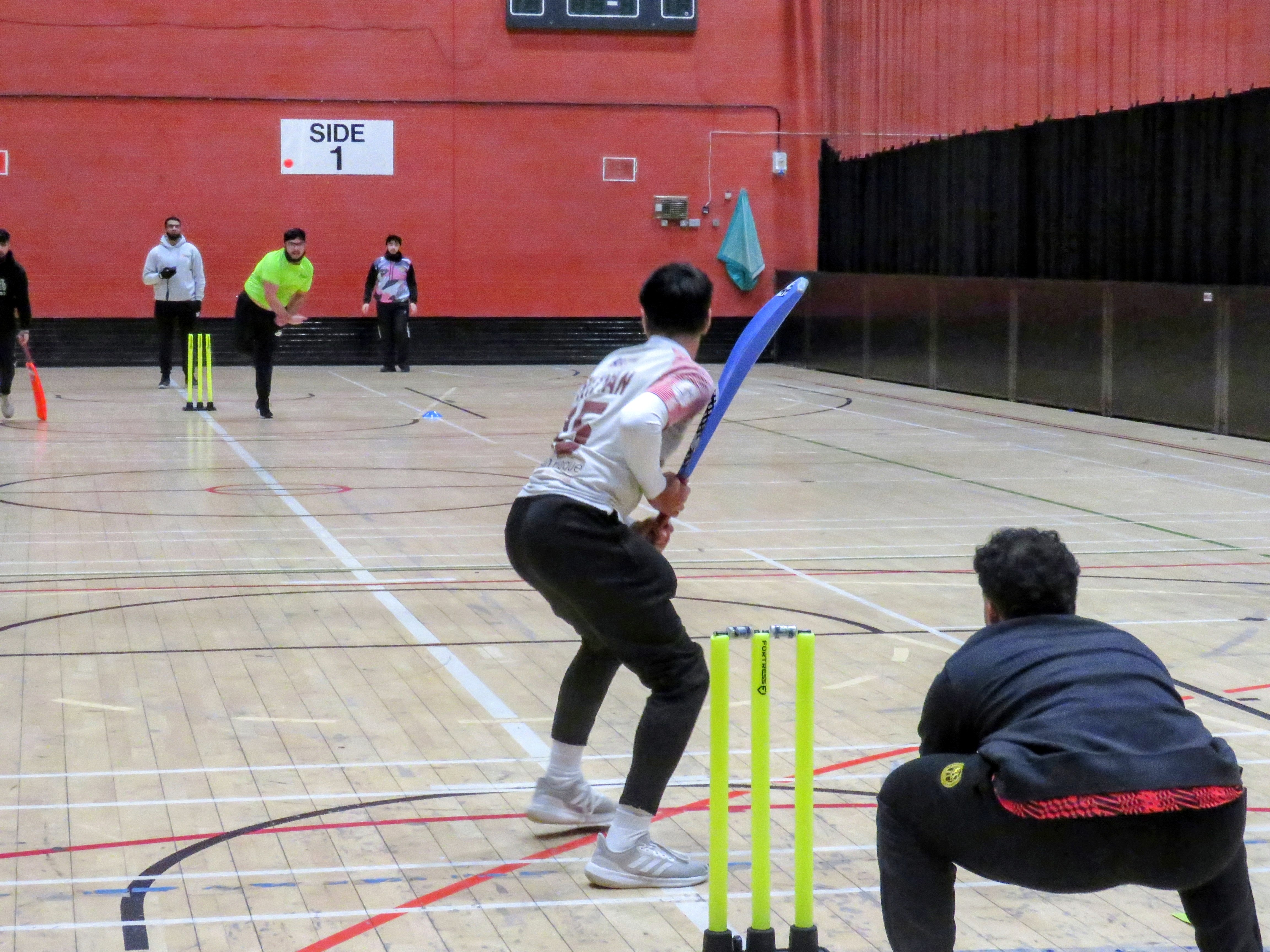 Tinsley captain bowls to Burngreave captain during the MBL 2023 final at Concord Sports Centre, Sheffield indoor windball cricket.